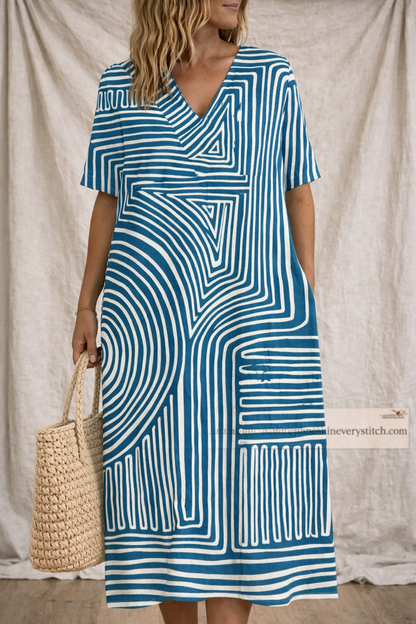 Abstract Stripe V-Neck Midi Dress