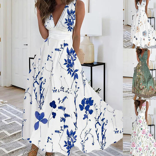 Women's Summer New V-neck High Waist Sleeveless Printed Vest Dress