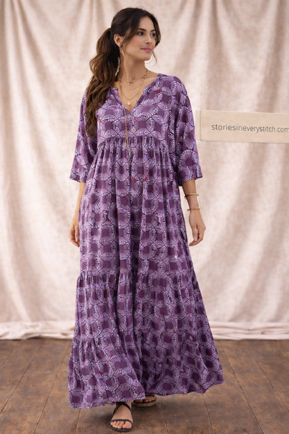 Women’s Boho V-Neck Maxi Dress – Loose Printed Beach Kaftan Dress