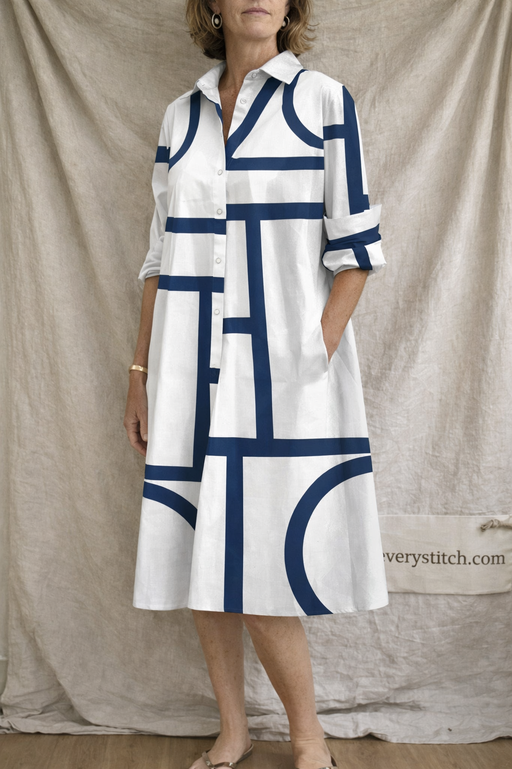 Printed Short Sleeve Shirt Midi Dress
