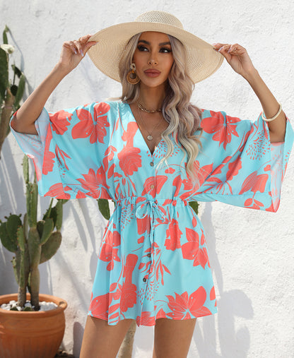 Women's Summer Leaf Print Half-length Sleeve Dress
