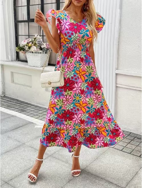 European And American Summer Seaside Vacation Style Fashion Floral Print Sleeveless Dress