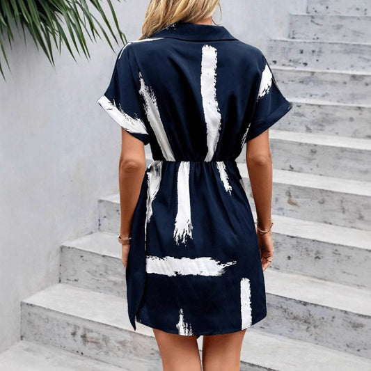 European American Summer New Women's V-neck Short Sleeve Printed Waist-controlled Dress