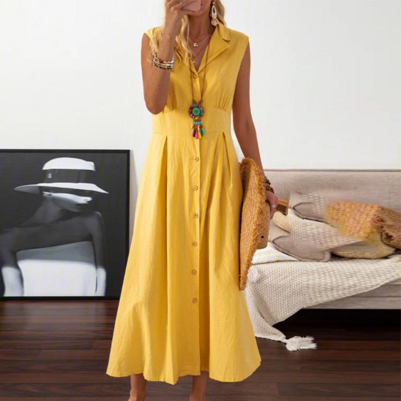 European American Summer New Skirt Lapel Women's A- Line Vintage Cotton And Linen Long Dress