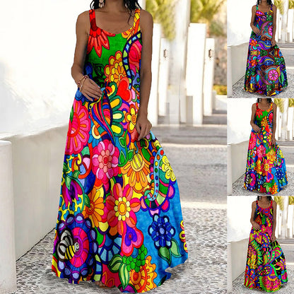 Women's Plus Size Floral Print Suspenders Floor-length Dress