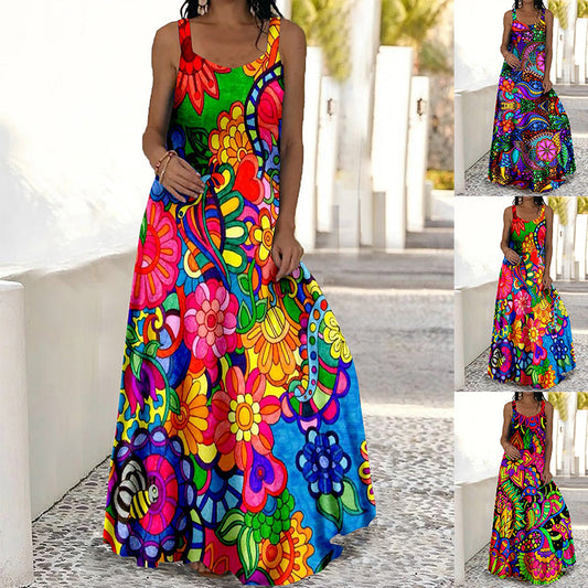 Women's Plus Size Floral Print Suspenders Floor-length Dress