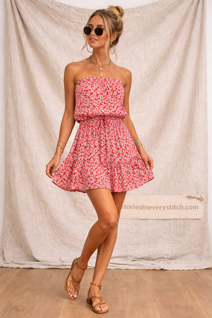 Smocked Strapless Flare Mini Dress