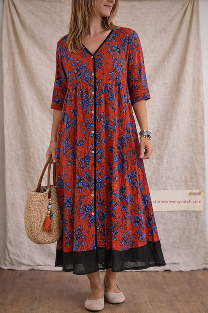 Vintage Bloom Button-Front Maxi Dress
