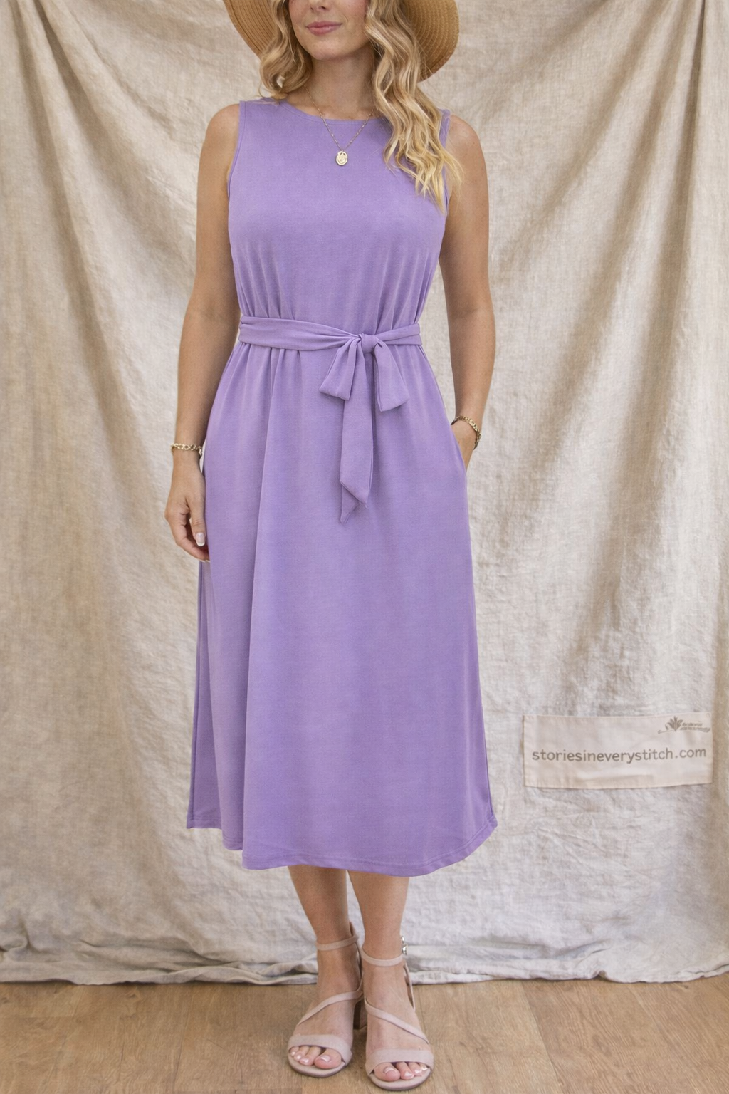 Classic Tie-Waist Sleeveless Midi Dress