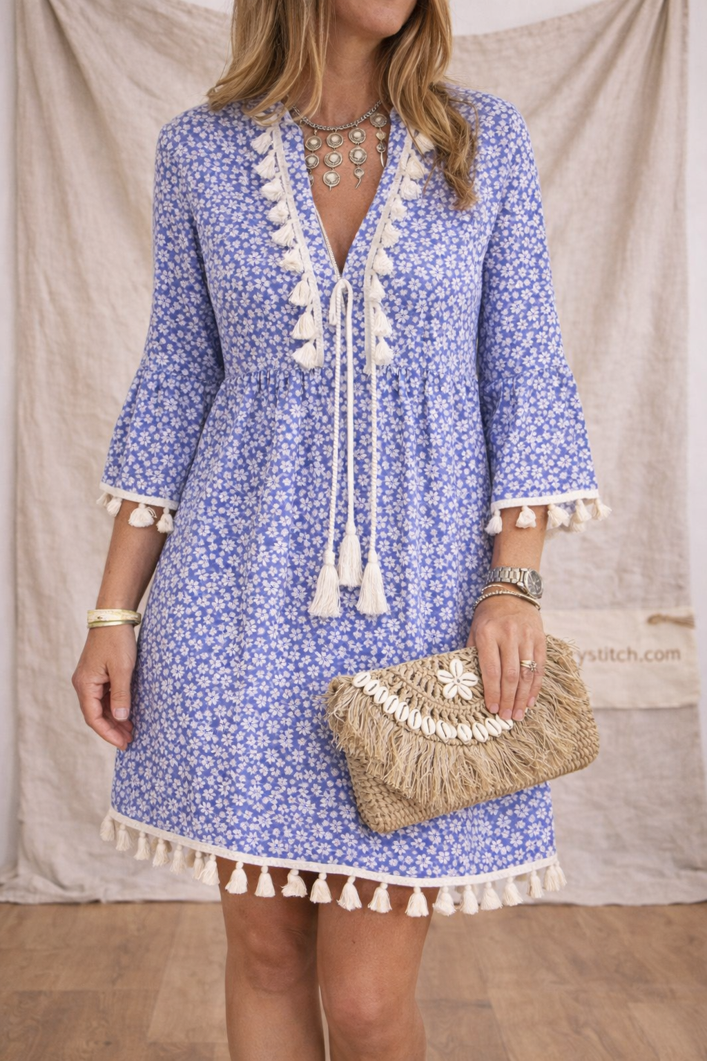 Boho Tassel Trim Printed Mini Dress