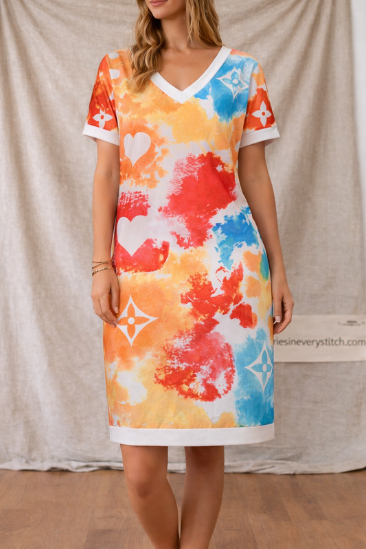 Women’s Floral V-Neck Casual Dress – Short Sleeve Summer Knee-Length Dress