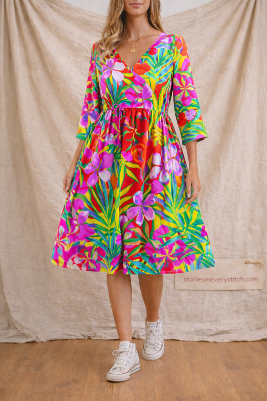 Bold Floral Print Swing Midi Dress