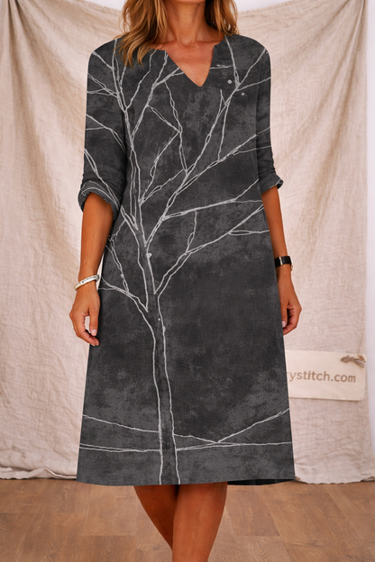 Abstract Tree Print V-Neck Mini Dress