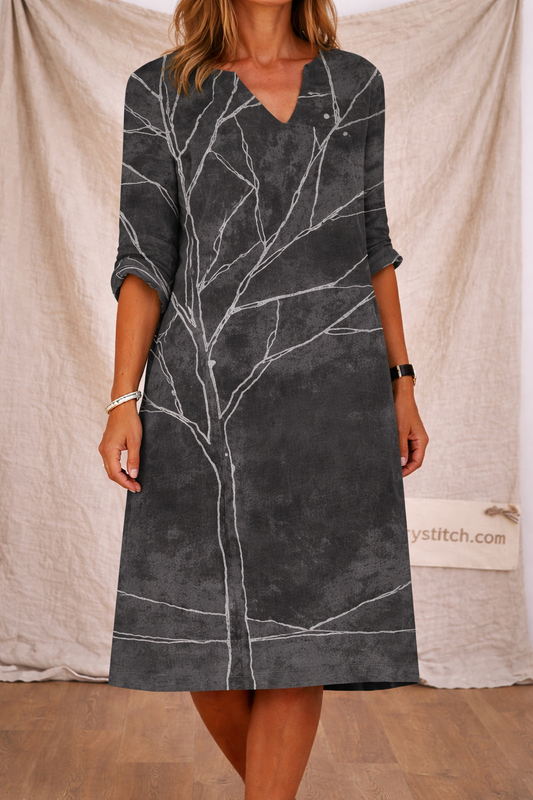 Abstract Tree Print V-Neck Mini Dress