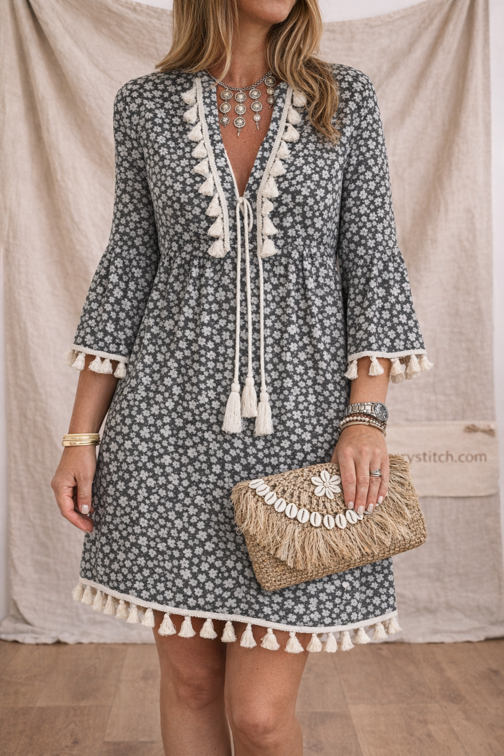 Boho Tassel Trim Printed Mini Dress