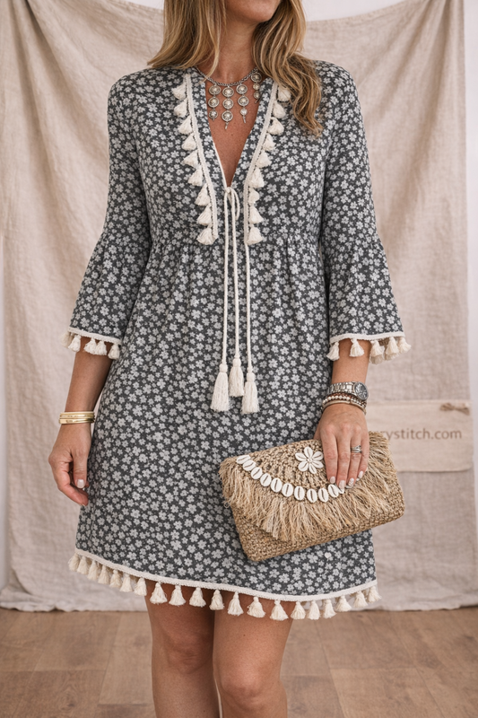 Boho Tassel Trim Printed Mini Dress