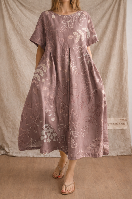 Women’s Elegant Floral Jacquard Midi Dress – Loose Fit Casual Summer A-Line Dress