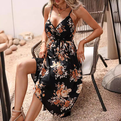 Women's Summer Printed Waist-controlled Sling Dress