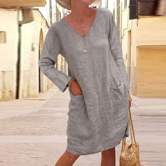 Women Elegant Cotton Linen Dress Summer Casual V-Neck Loose Party Dress Ladies Vintage Autumn Plus Size Long Sleeve Dress Pocket