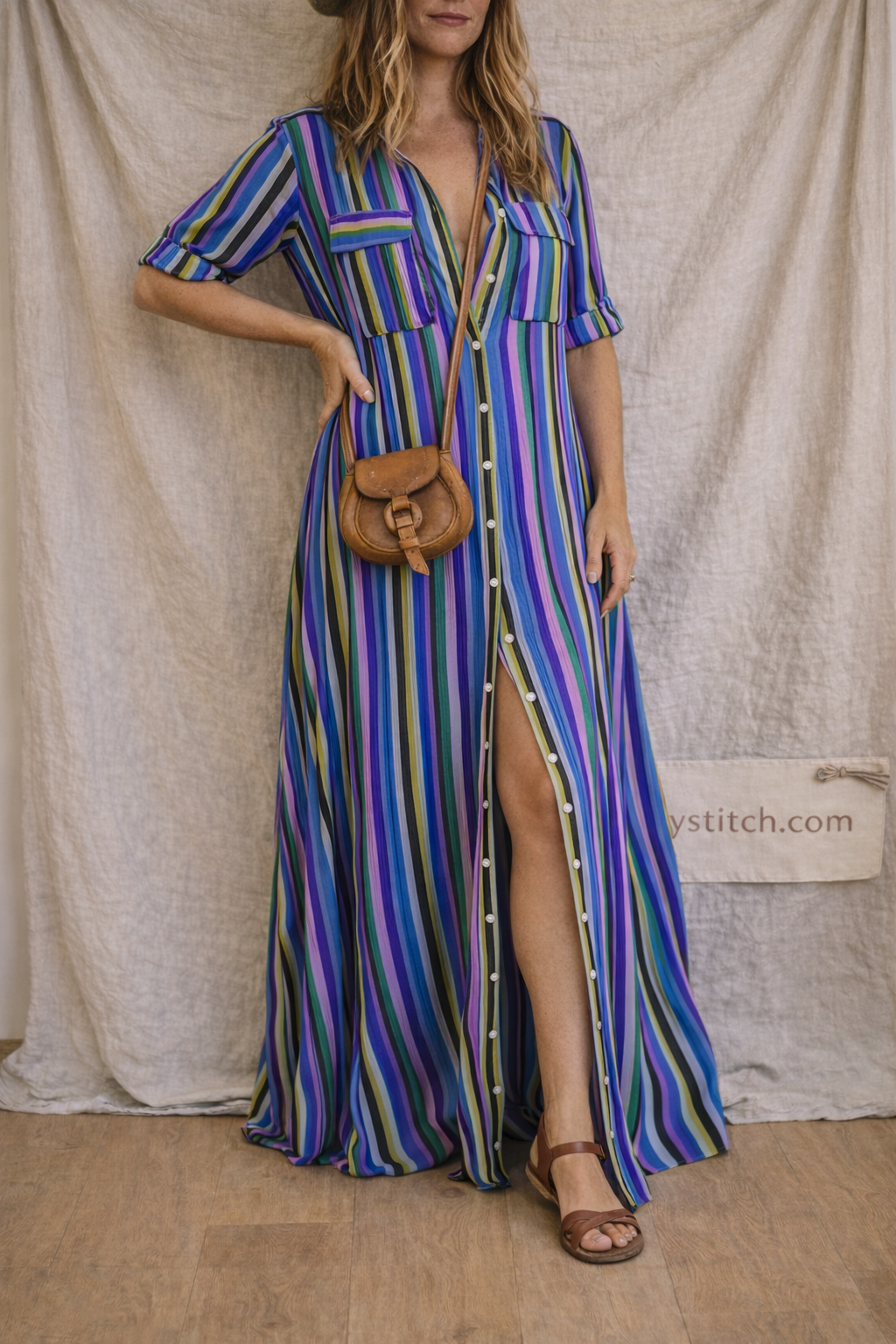 Striped Button-Down Maxi Dress with Side Slit