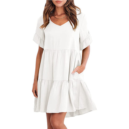 European And American Summer Casual V-neck Little-girl Style Clothes Three-layer Pleated Dress