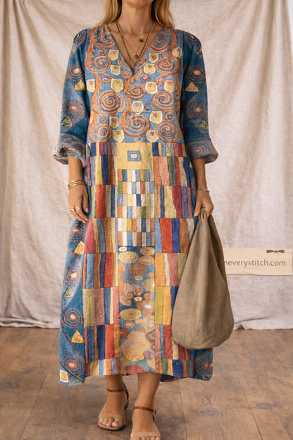 Bohemian Patchwork V-Neck Midi Dress