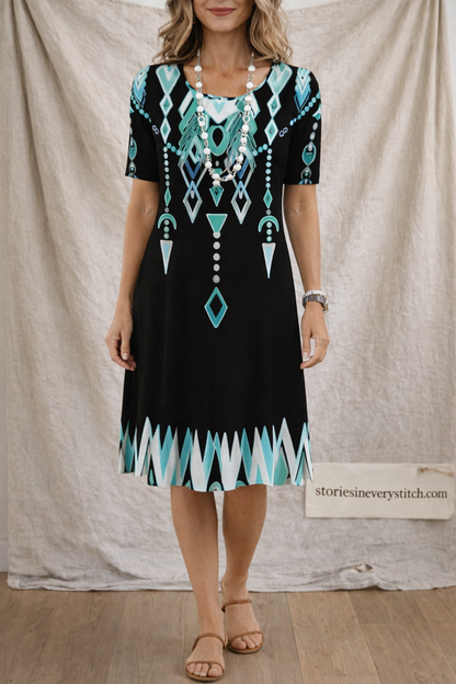 Printed Short Sleeve Midi Dress