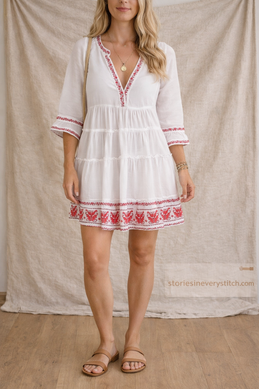 Embroidered V-Neck Mini Dress