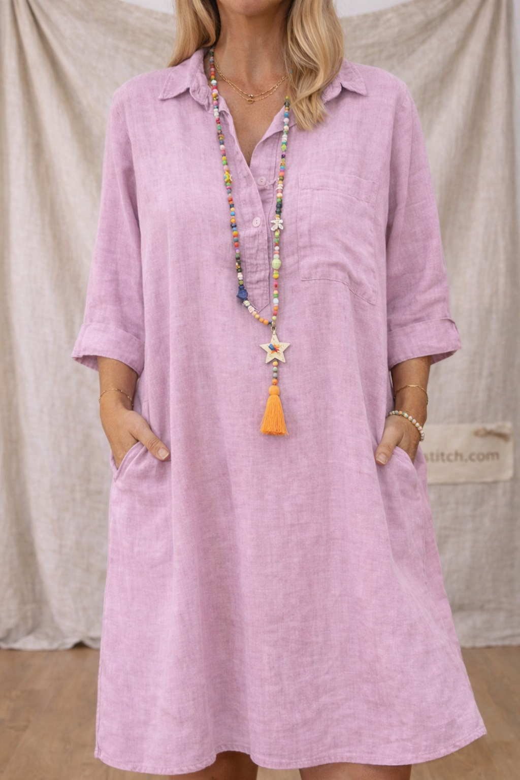 Linen Button Detail Loose Shirt Dress with Pockets