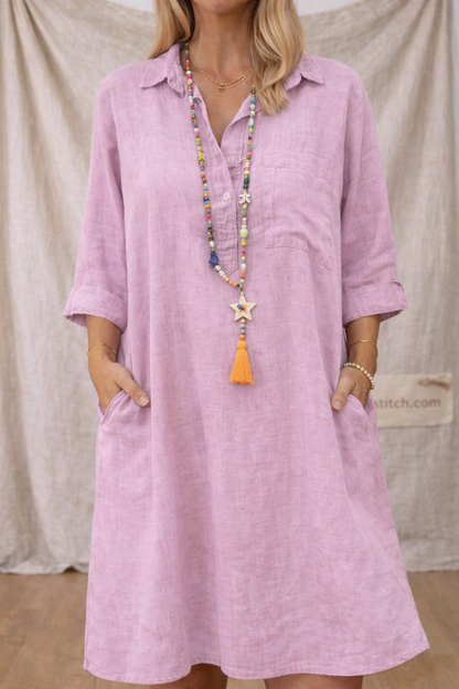 Linen Button Detail Loose Shirt Dress with Pockets