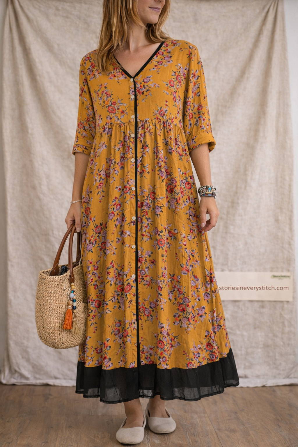 Vintage Bloom Button-Front Maxi Dress