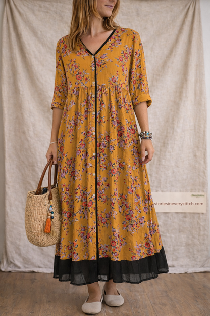 Vintage Bloom Button-Front Maxi Dress