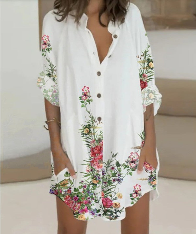 Women's Summer Fashion Print Trendy Shirt Loose Pocket Dress
