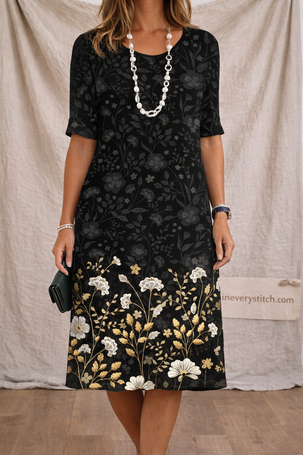 Midnight Bloom A-Line Midi Dress