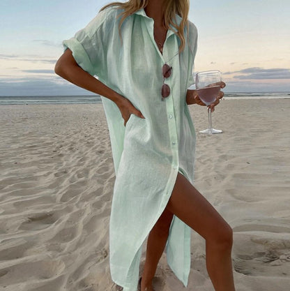 Women's Summer Solid Color Casual Long Cotton Cardigan Dress