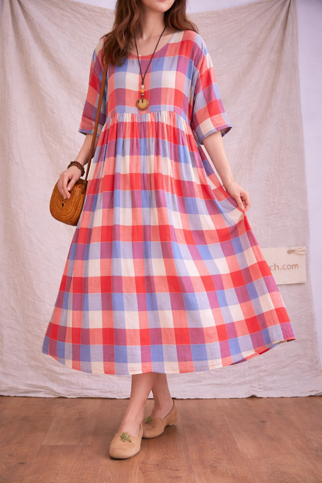 Vintage Plaid Oversized Midi Dress