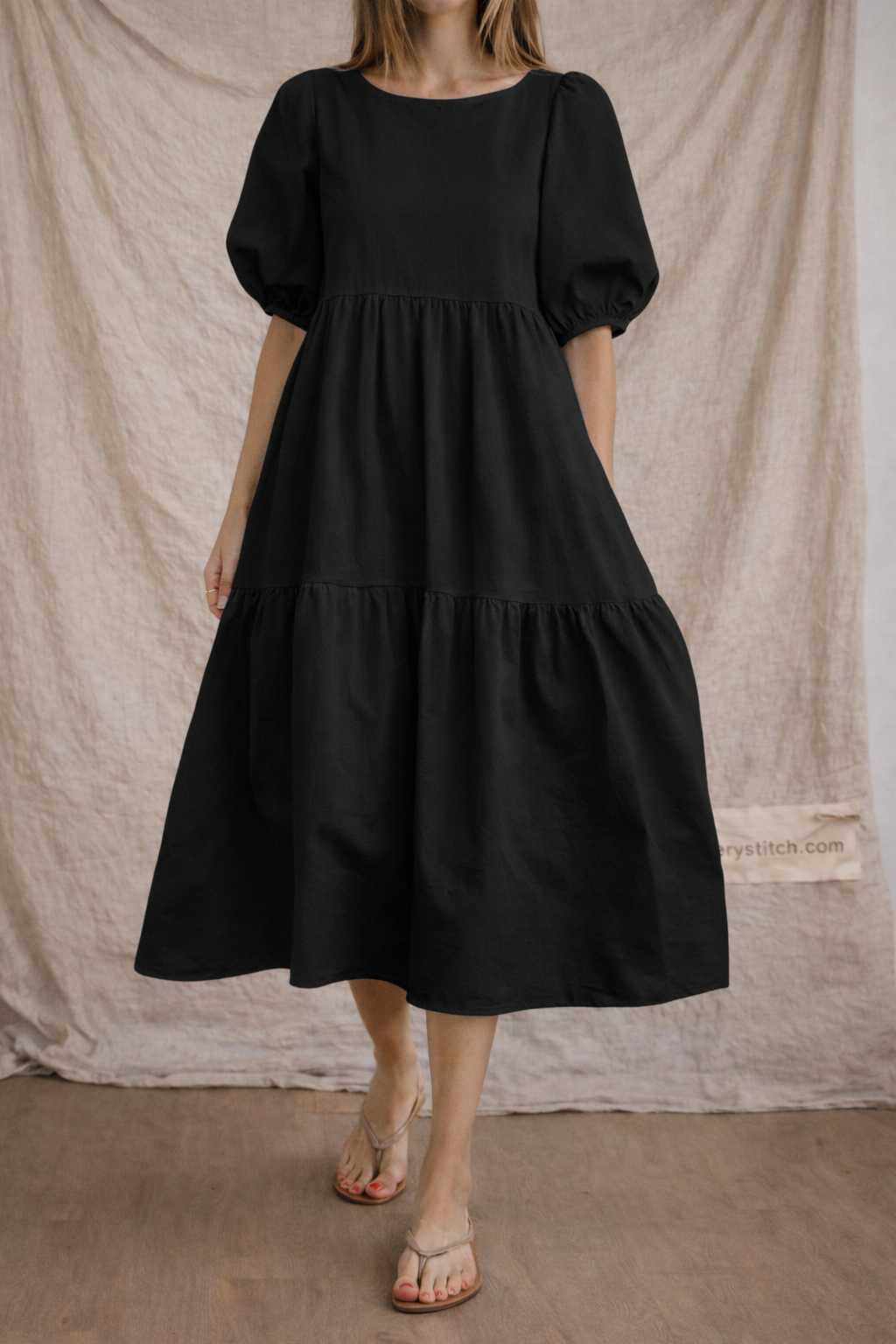 Women’s Casual Puff Sleeve Midi Dress – Loose Fit Tiered Summer Dress