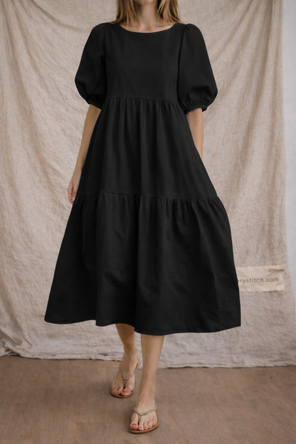 Women’s Casual Puff Sleeve Midi Dress – Loose Fit Tiered Summer Dress