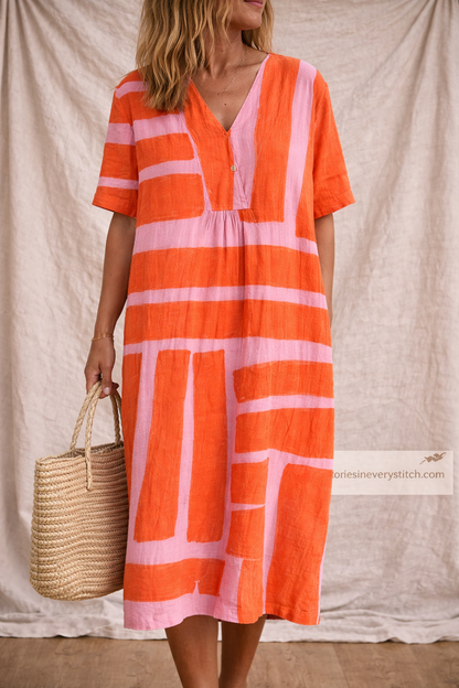 Abstract Stripe V-Neck Midi Dress