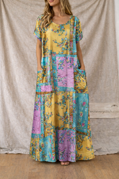 Women’s Boho Patchwork Maxi Dress – Vintage Floral Casual Summer Long Dress