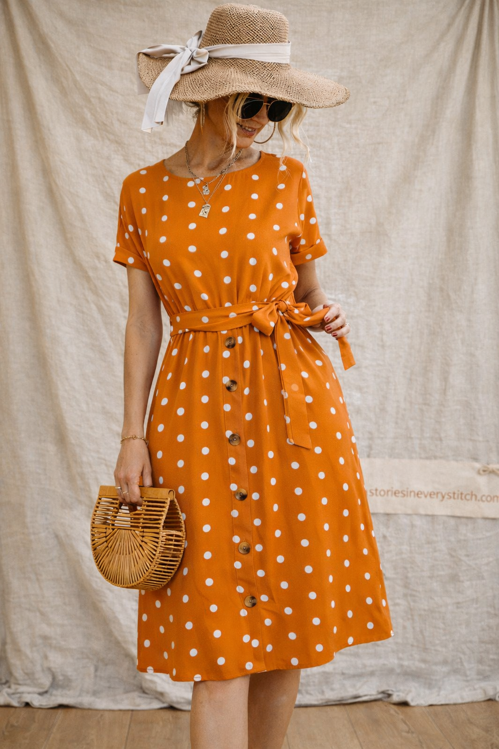 Polka Dot Button-Front Tie-Waist Midi Dress