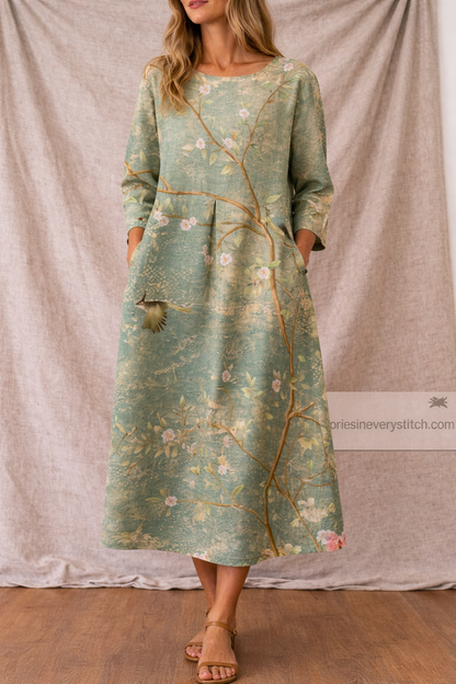 Women’s Vintage Floral Mixi Dress – Casual Loose Long Sleeve Summer Dress with Pockets