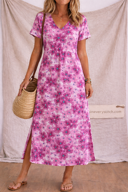 Floral Print V-Neck Short Sleeve Maxi Dress