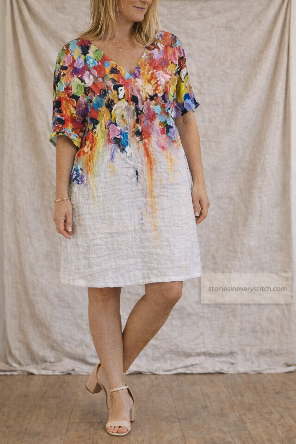 Abstract Mosaic Button Tunic Dress