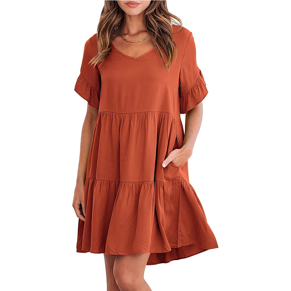 European And American Summer Casual V-neck Little-girl Style Clothes Three-layer Pleated Dress