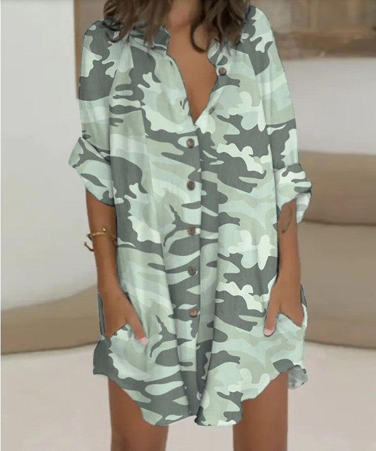 Women's Summer Fashion Print Trendy Shirt Loose Pocket Dress