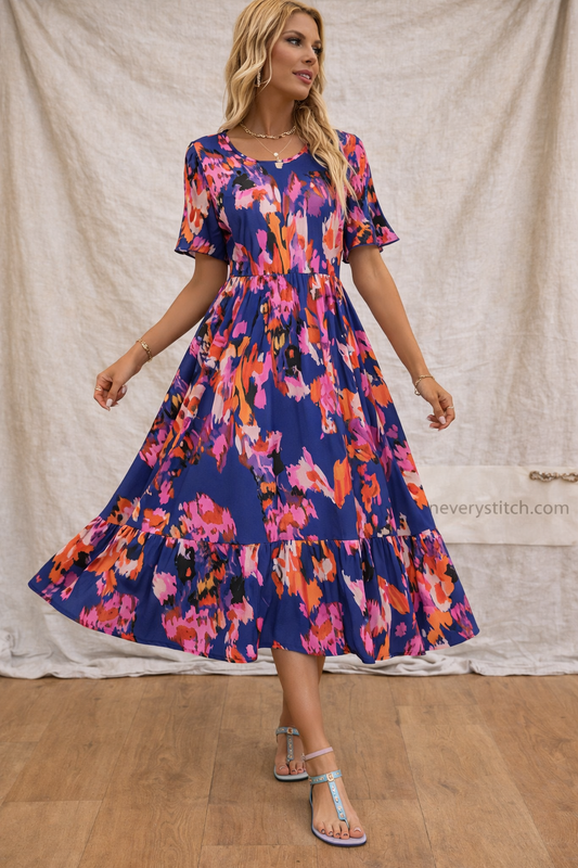 Floral Short Sleeve Midi Dress