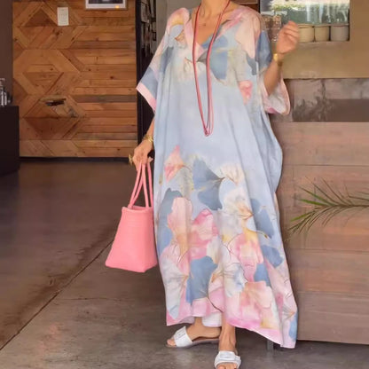 Asian Floral Print V-neck Plus Size Loose Dress