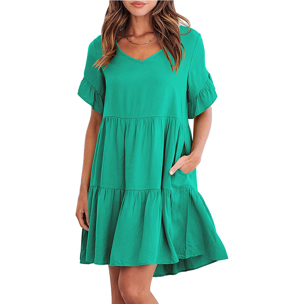 European And American Summer Casual V-neck Little-girl Style Clothes Three-layer Pleated Dress