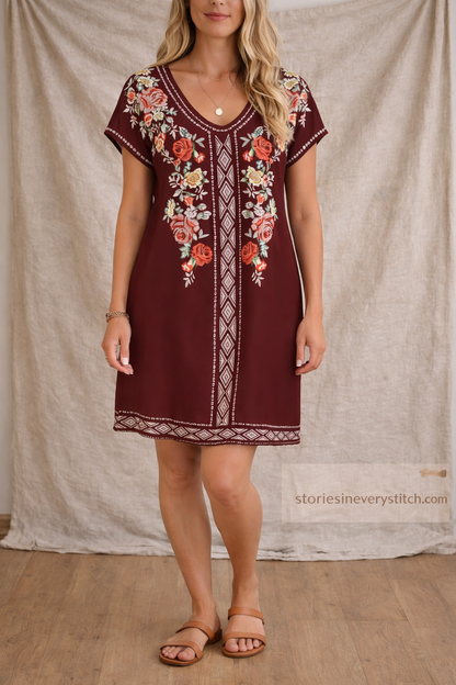 Embroidered Short Sleeve Mini Dress